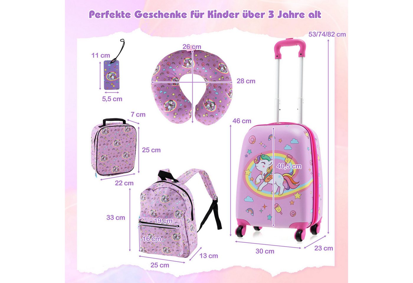 COSTWAY Kinderkoffer Set, 4 Rollen, 5 teiliges Trolley mit Handgepäck, Kissen – Bild 3 von 5