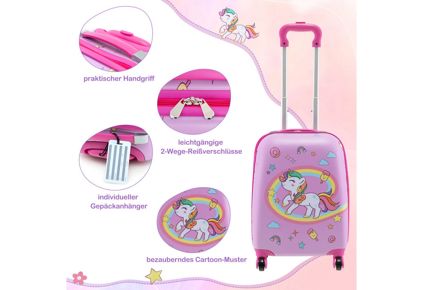 COSTWAY Kinderkoffer Set, 4 Rollen, 5 teiliges Trolley mit Handgepäck, Kissen – Bild 4 von 5