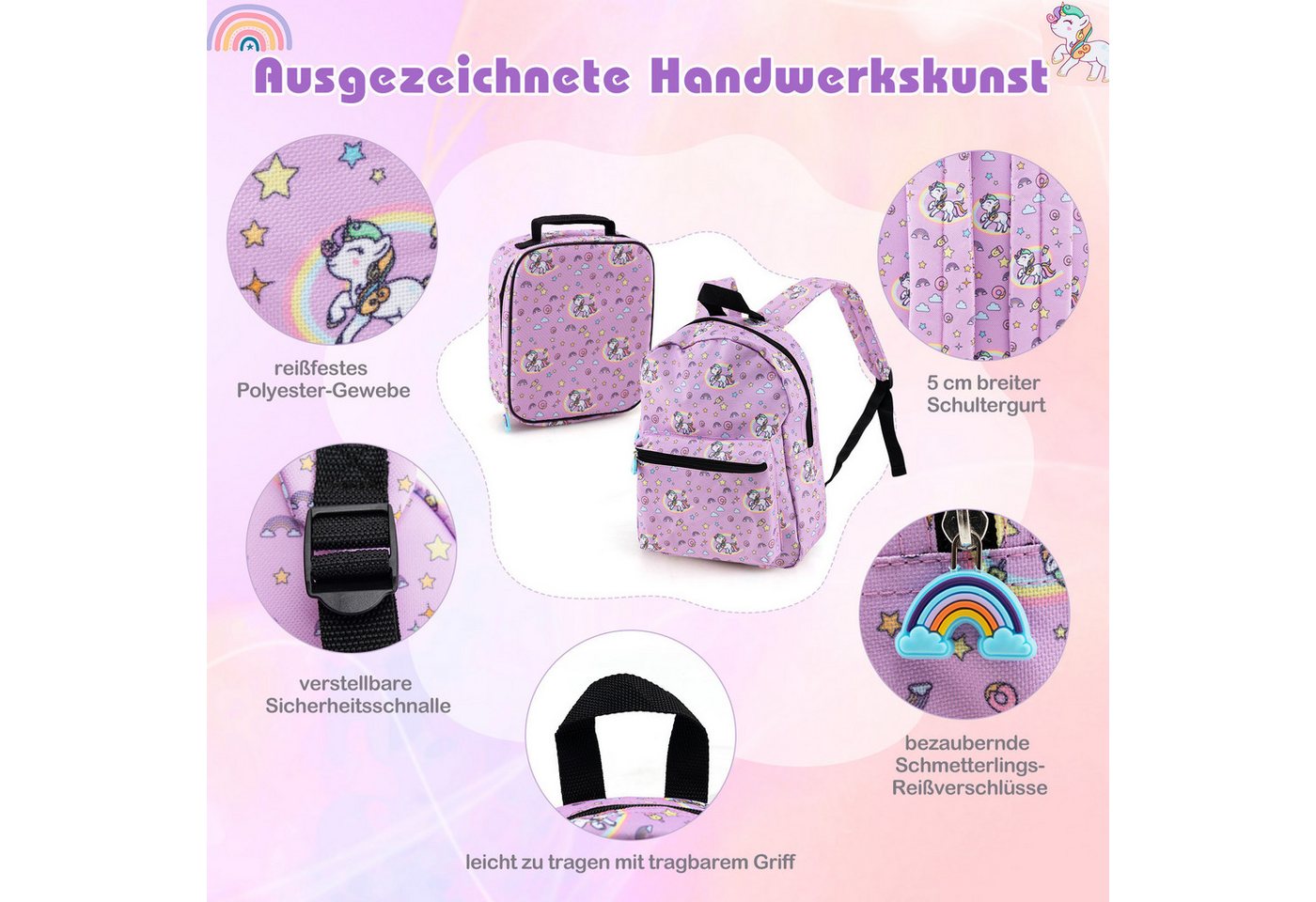 COSTWAY Kinderkoffer Set, 4 Rollen, 5 teiliges Trolley mit Handgepäck, Kissen – Bild 5 von 5