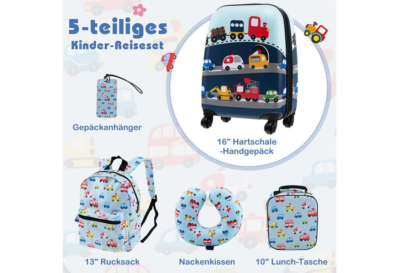 COSTWAY Kinderkoffer Set, 4 Rollen, 5 teiliges Trolley mit Handgepäck, Kissen – Bild 2 von 5