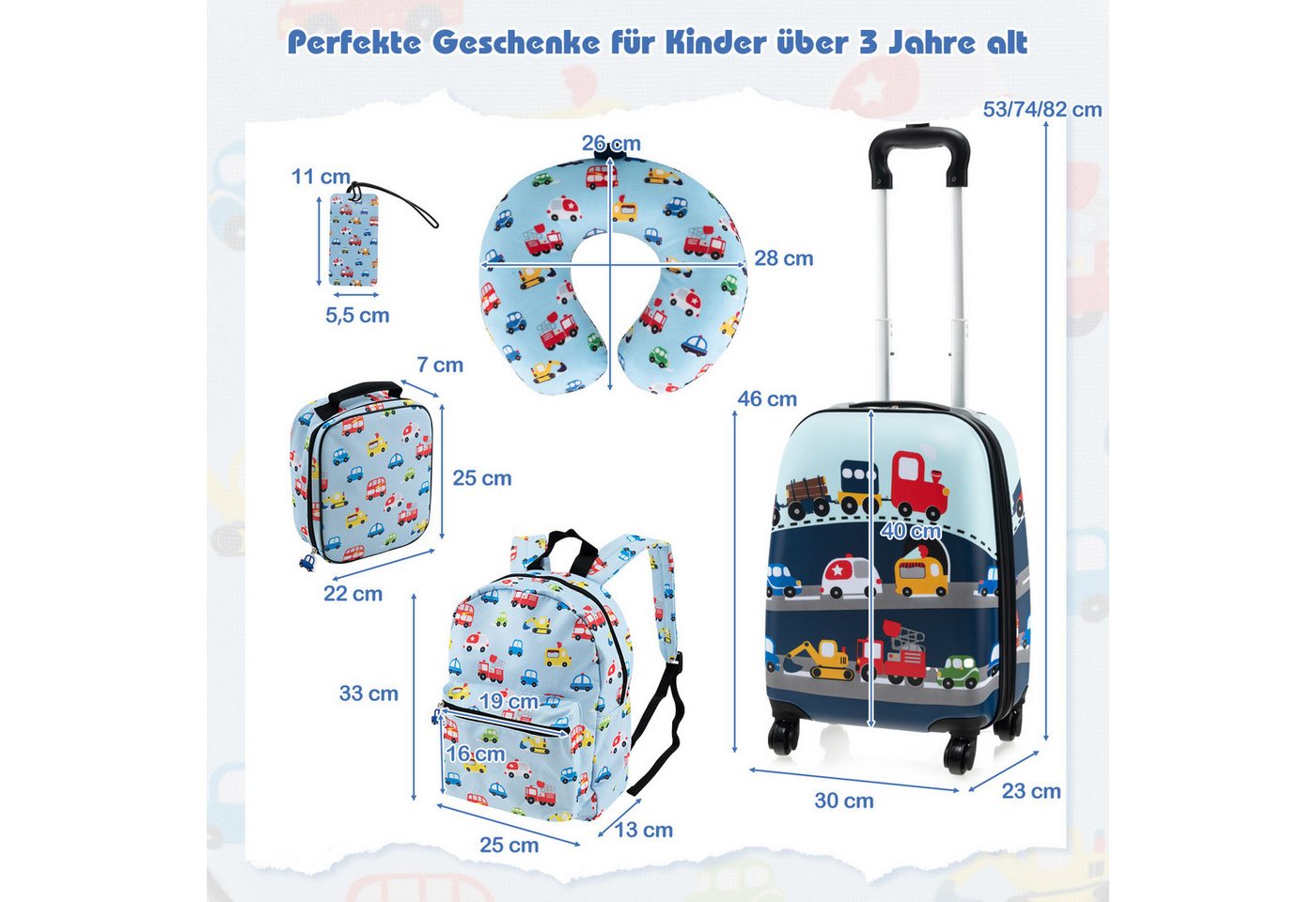 COSTWAY Kinderkoffer Set, 4 Rollen, 5 teiliges Trolley mit Handgepäck, Kissen – Bild 3 von 5
