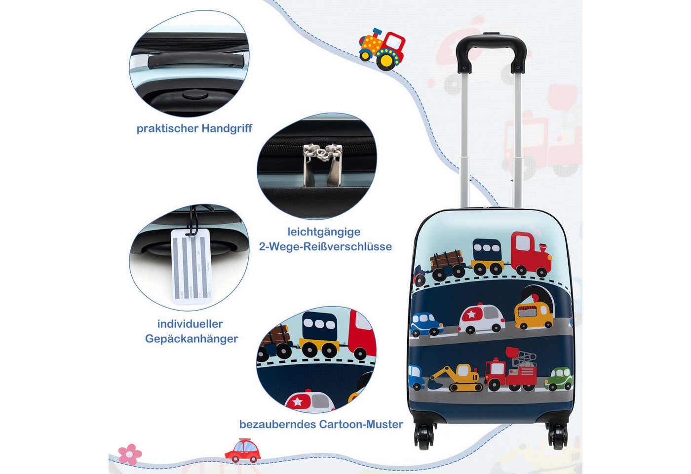 COSTWAY Kinderkoffer Set, 4 Rollen, 5 teiliges Trolley mit Handgepäck, Kissen – Bild 4 von 5