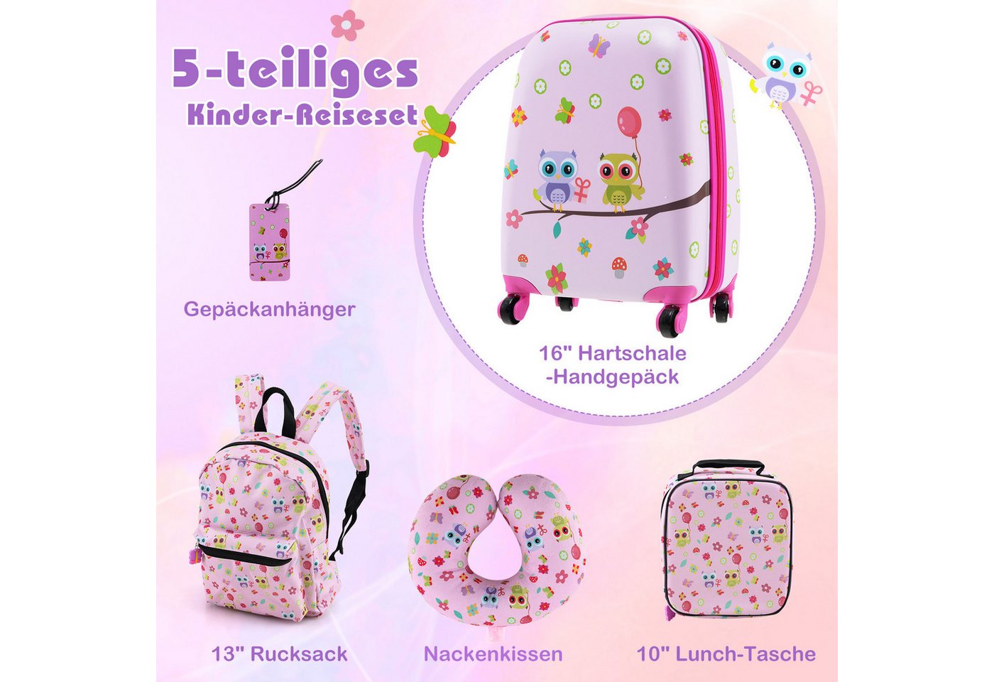 COSTWAY Kinderkoffer Set, 4 Rollen, 5 teiliges Trolley mit Handgepäck, Kissen – Bild 2 von 5
