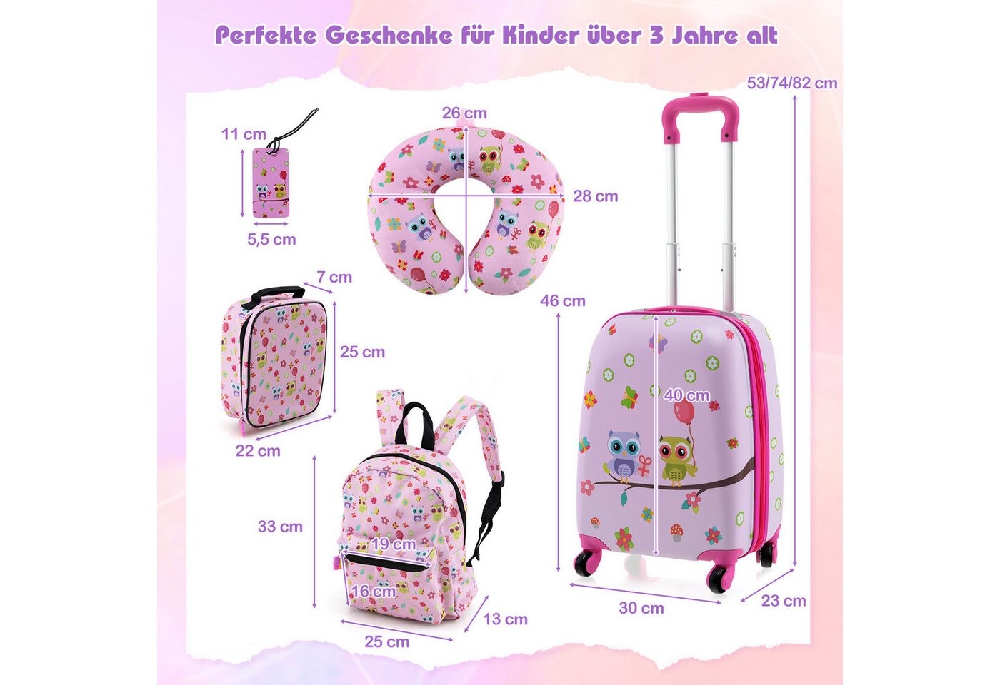 COSTWAY Kinderkoffer Set, 4 Rollen, 5 teiliges Trolley mit Handgepäck, Kissen – Bild 3 von 5