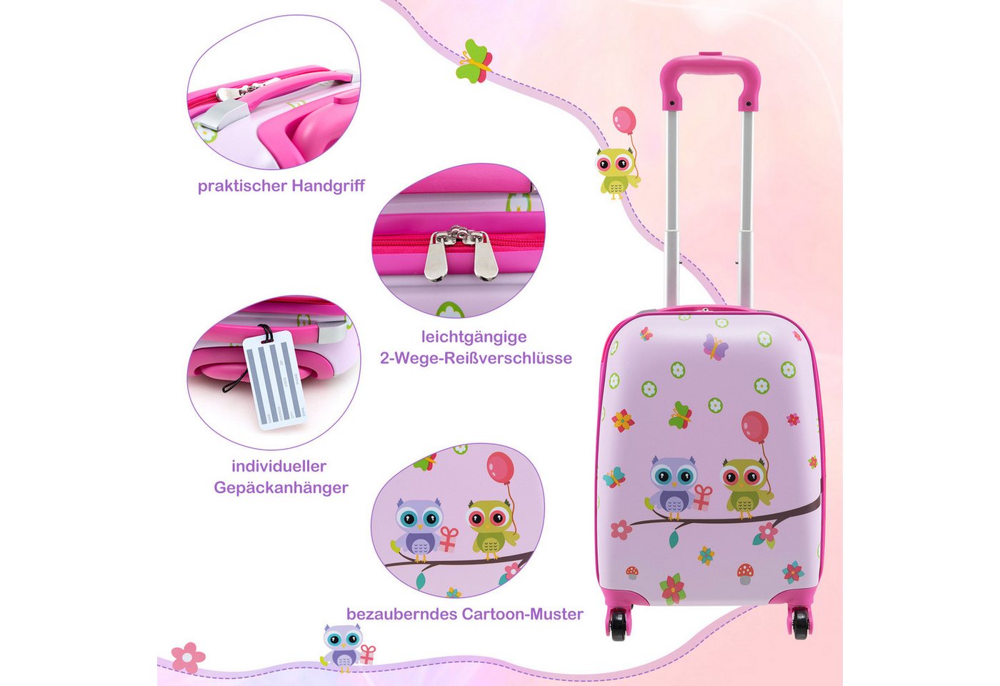COSTWAY Kinderkoffer Set, 4 Rollen, 5 teiliges Trolley mit Handgepäck, Kissen – Bild 4 von 5