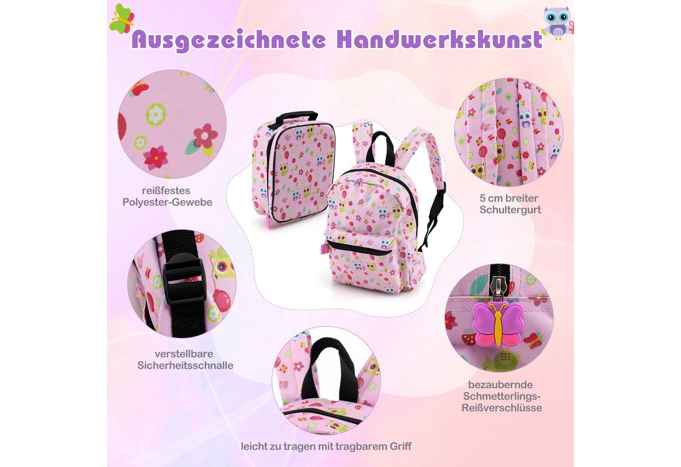 COSTWAY Kinderkoffer Set, 4 Rollen, 5 teiliges Trolley mit Handgepäck, Kissen – Bild 5 von 5