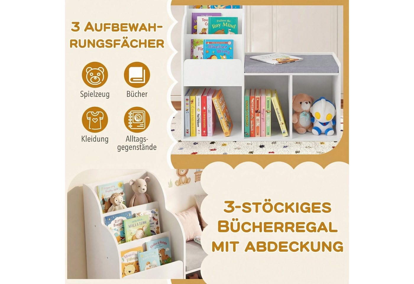 COSTWAY Kinderregal, 3-stufiges Bücherregal mit 3 offenen Ablagen & Sitzbank – Bild 2 von 5
