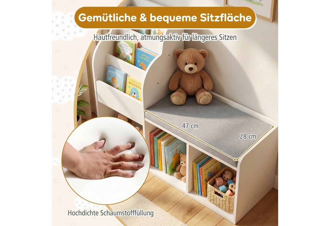 COSTWAY Kinderregal, 3-stufiges Bücherregal mit 3 offenen Ablagen & Sitzbank – Bild 3 von 5