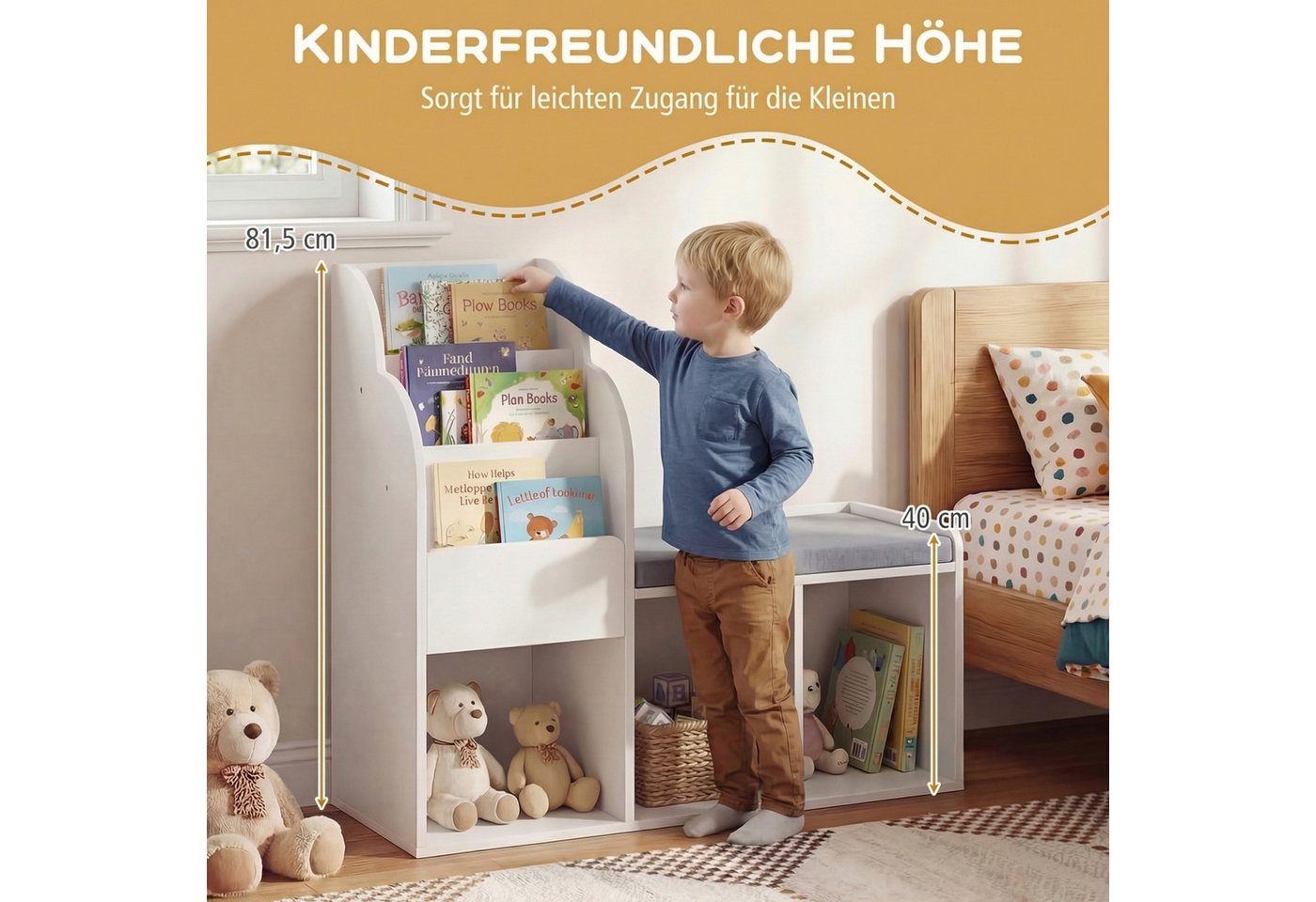 COSTWAY Kinderregal, 3-stufiges Bücherregal mit 3 offenen Ablagen & Sitzbank – Bild 4 von 5