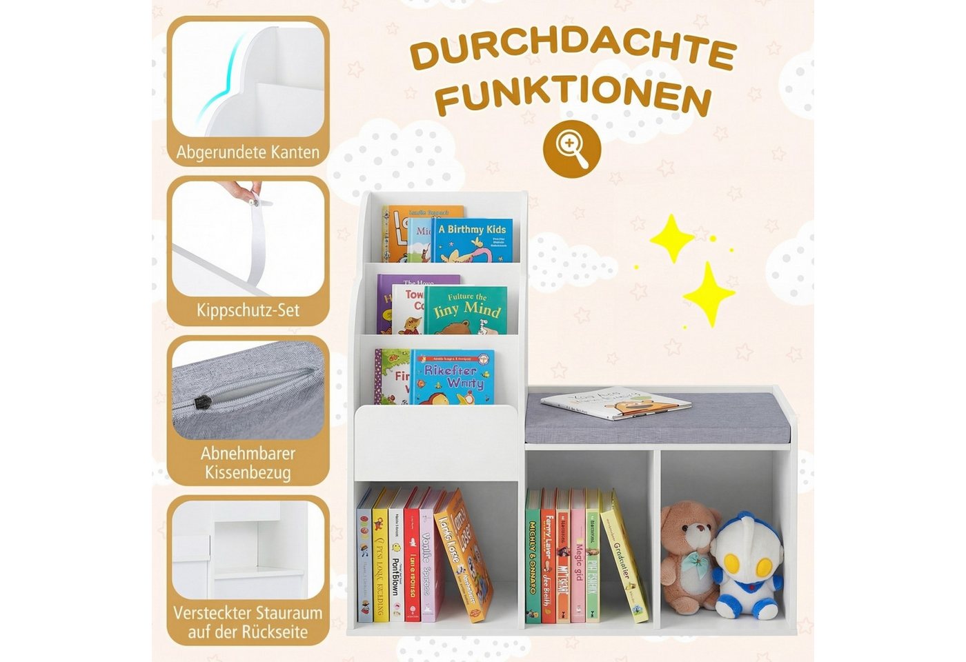 COSTWAY Kinderregal, 3-stufiges Bücherregal mit 3 offenen Ablagen & Sitzbank – Bild 5 von 5