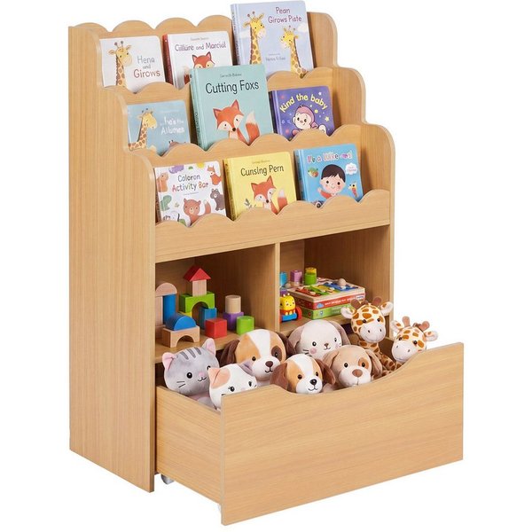 COSTWAY Kinderregal, Spielzeugregal mit 5 Ebenen, Schubladen auf Rollen & 2 offenen Fächern