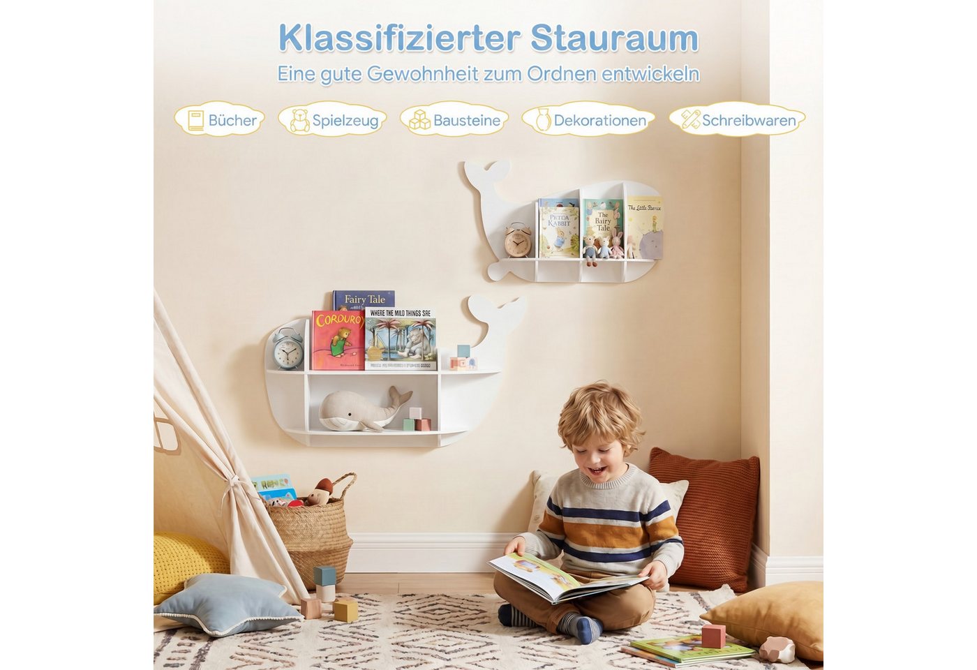 COSTWAY Kinderregal, 2-tlg., Wal Wandregal mit Fächern, Spielzeugregal aus Holz – Bild 2 von 5