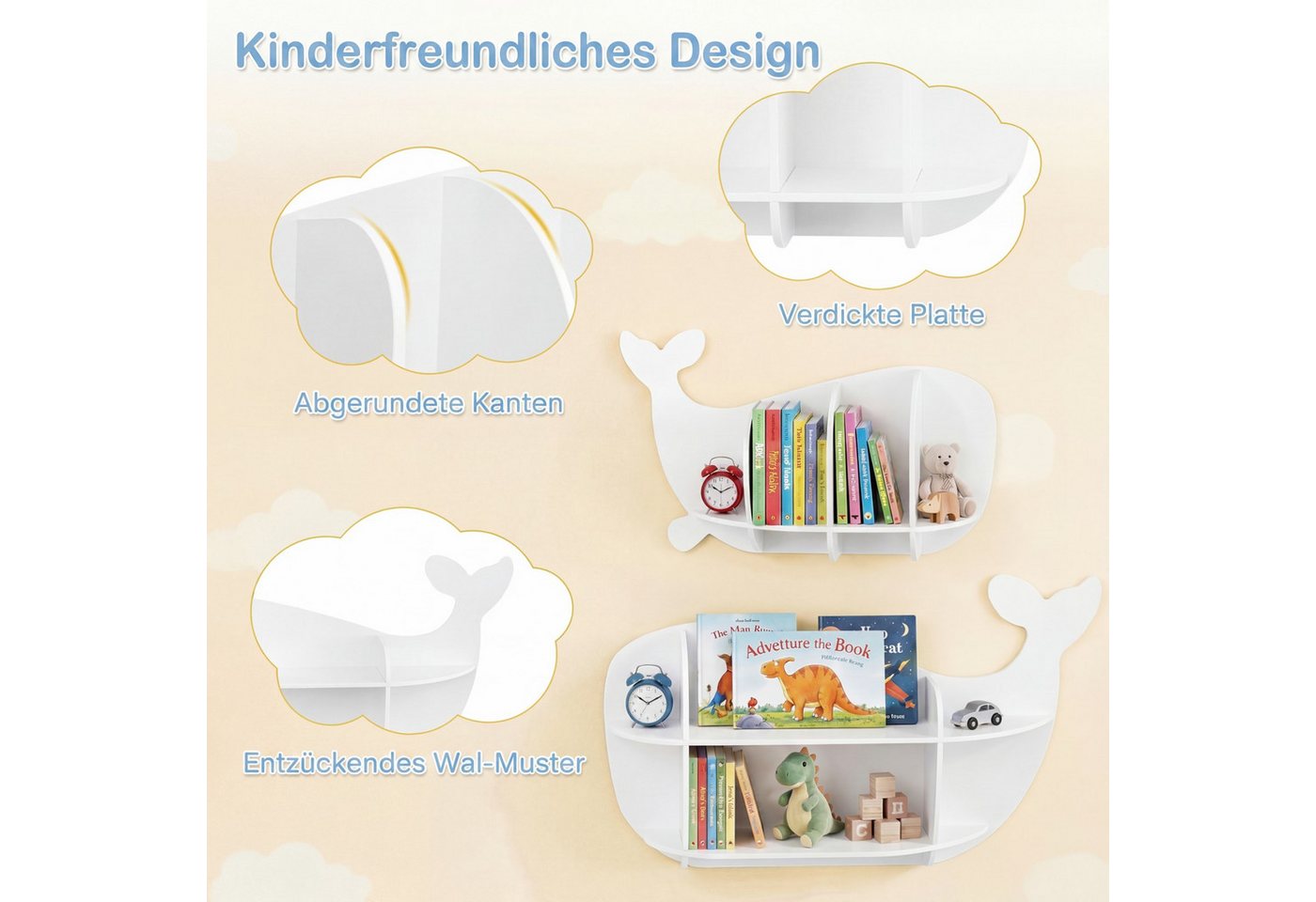 COSTWAY Kinderregal, 2-tlg., Wal Wandregal mit Fächern, Spielzeugregal aus Holz – Bild 4 von 5