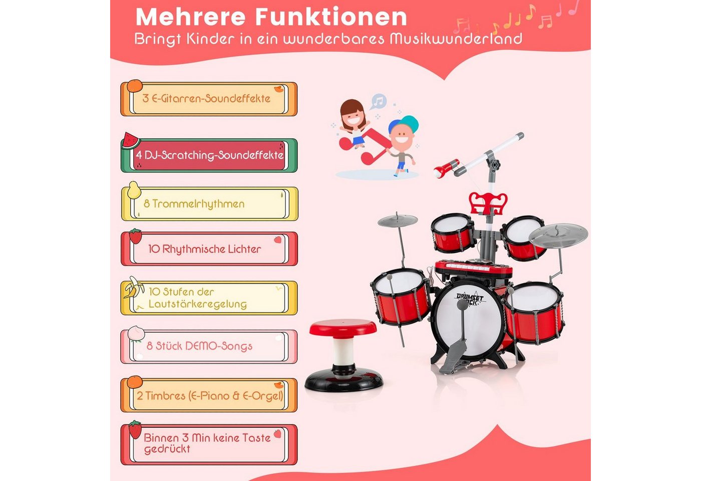 COSTWAY Kinderschlagzeug Drum, mit Keyboard&Hocker&Mikrofon¬enständer – Bild 3 von 5