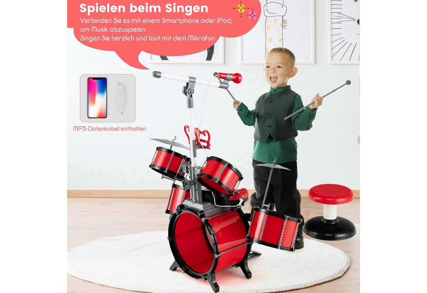 COSTWAY Kinderschlagzeug Drum, mit Keyboard&Hocker&Mikrofon¬enständer – Bild 4 von 5