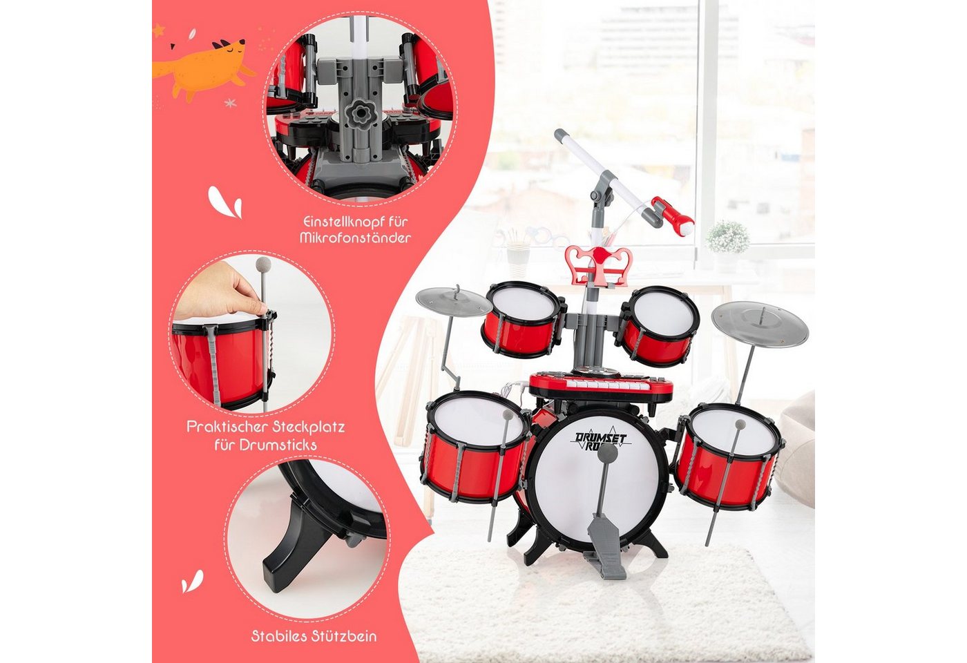 COSTWAY Kinderschlagzeug Drum, mit Keyboard&Hocker&Mikrofon¬enständer – Bild 5 von 5