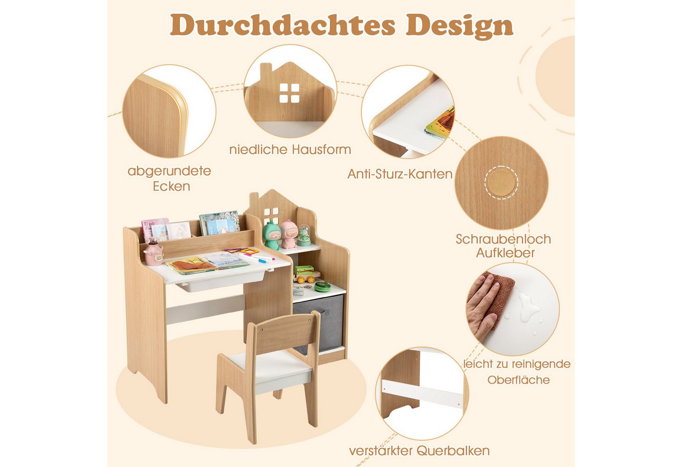 COSTWAY Kinderschreibtisch (2-St), mit Stuhl, Schülertisch mit Stauraum, Schublade – Bild 2 von 5