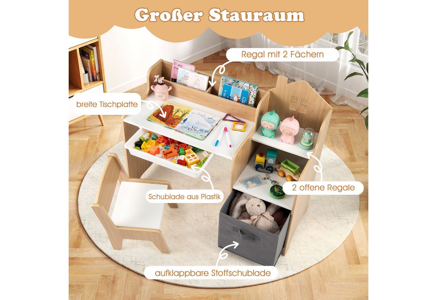 COSTWAY Kinderschreibtisch (2-St), mit Stuhl, Schülertisch mit Stauraum, Schublade – Bild 3 von 5