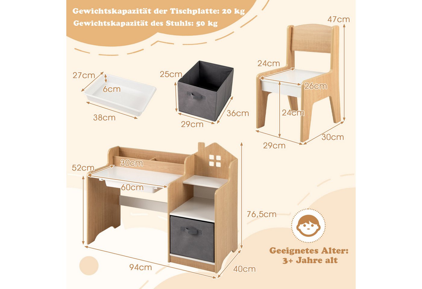COSTWAY Kinderschreibtisch (2-St), mit Stuhl, Schülertisch mit Stauraum, Schublade – Bild 4 von 5