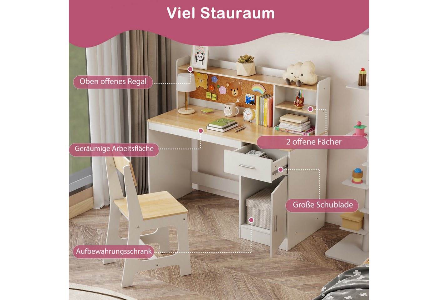 COSTWAY Kinderschreibtisch (2-St), mit Stuhl Set, mit Schubladen, ab 3 Jahre – Bild 2 von 5