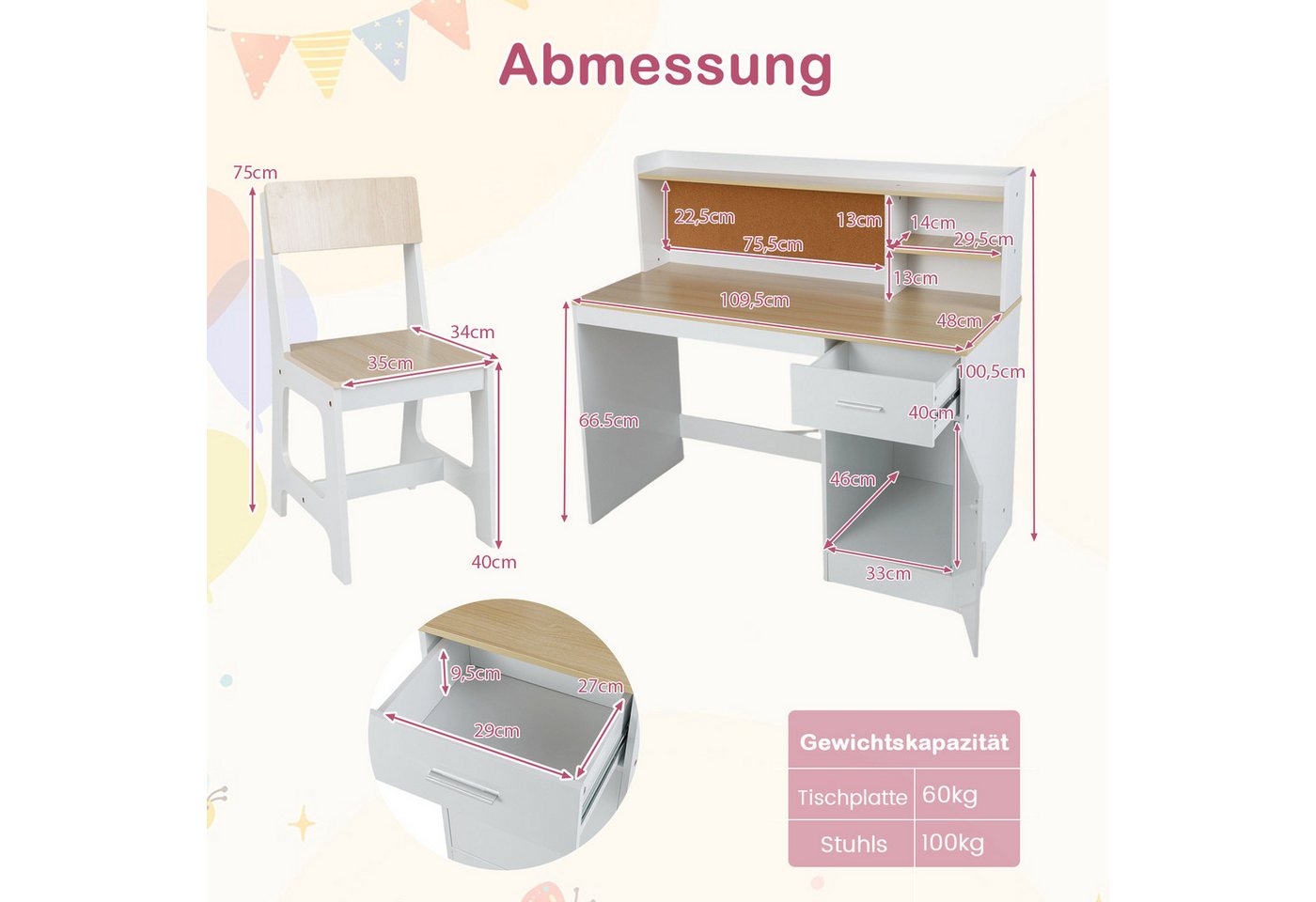 COSTWAY Kinderschreibtisch (2-St), mit Stuhl Set, mit Schubladen, ab 3 Jahre – Bild 5 von 5