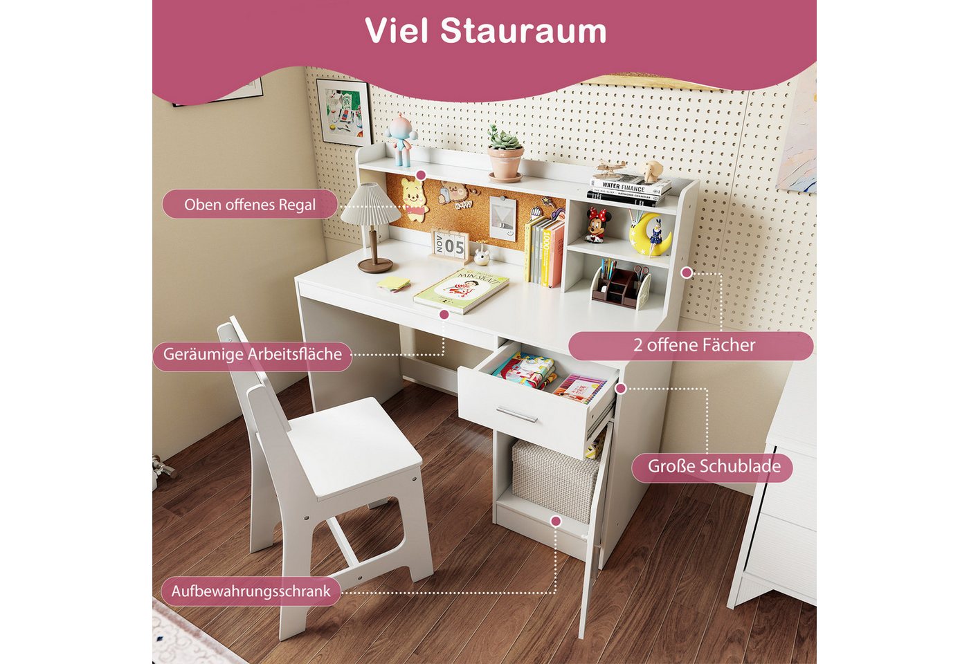 COSTWAY Kinderschreibtisch (2-St), mit Stuhl Set, mit Schubladen, ab 3 Jahre – Bild 2 von 5