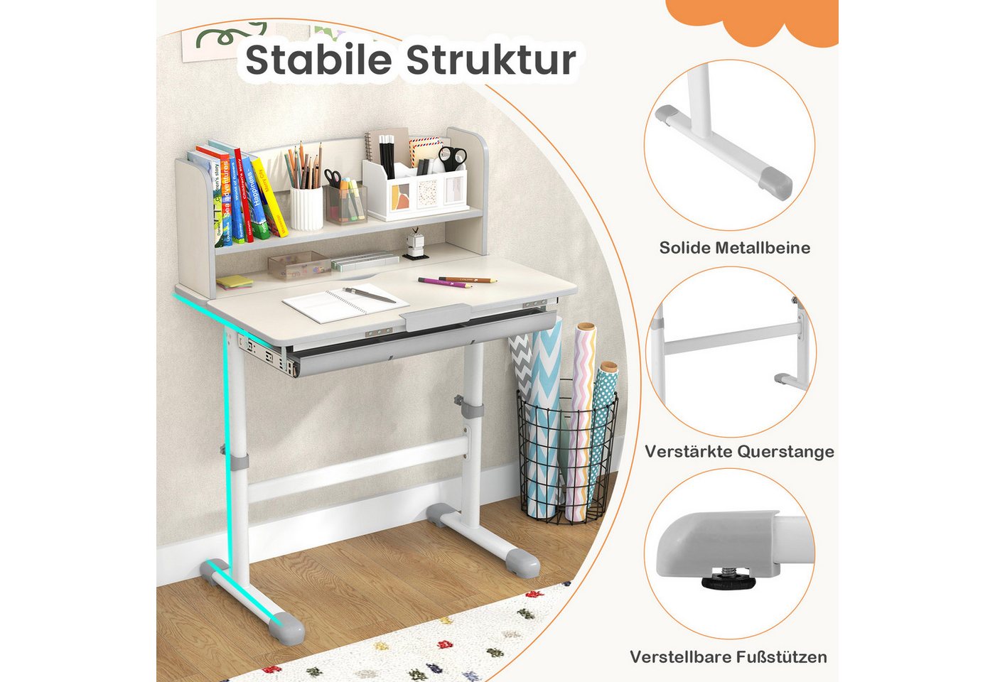 COSTWAY Kinderschreibtisch, höhenverstellbar, neigbarer mit Bücherregal, Schüler – Bild 2 von 5