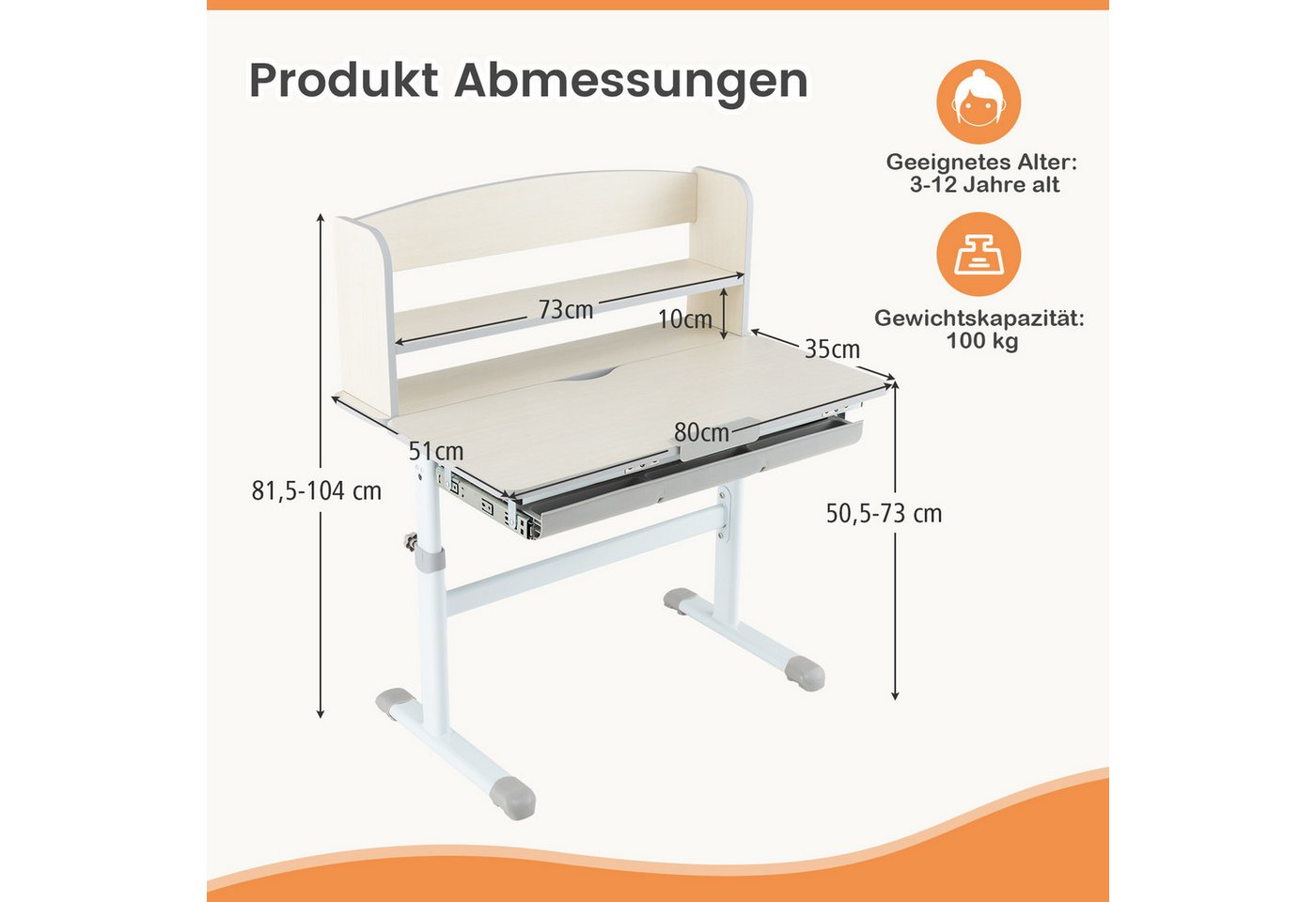 COSTWAY Kinderschreibtisch, höhenverstellbar, neigbarer mit Bücherregal, Schüler – Bild 3 von 5