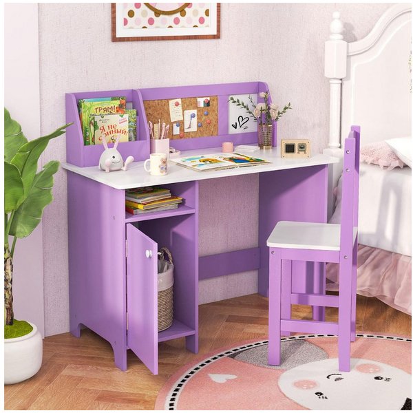 COSTWAY Kinderschreibtisch mit Stuhl Set, Holz, Sitzgruppe mit Bücherregal
