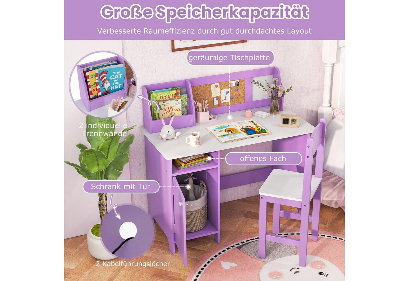 COSTWAY Kinderschreibtisch mit Stuhl Set, Holz, Sitzgruppe mit Bücherregal – Bild 2 von 5