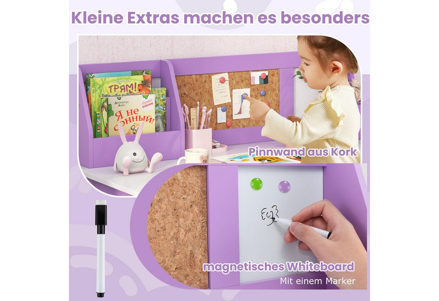 COSTWAY Kinderschreibtisch mit Stuhl Set, Holz, Sitzgruppe mit Bücherregal – Bild 3 von 5