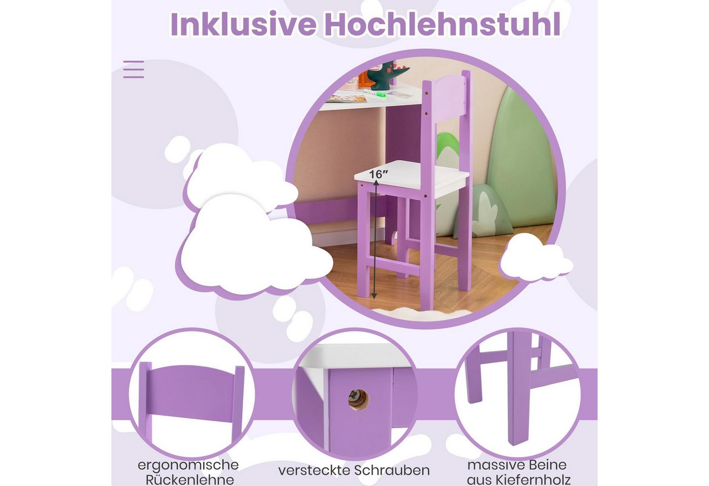COSTWAY Kinderschreibtisch mit Stuhl Set, Holz, Sitzgruppe mit Bücherregal – Bild 5 von 5