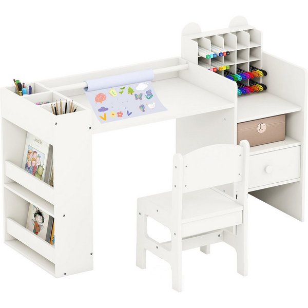 COSTWAY Kinderschreibtisch, Kinder Schreibtisch Set mit abnehmbarem Papierrollenhalter