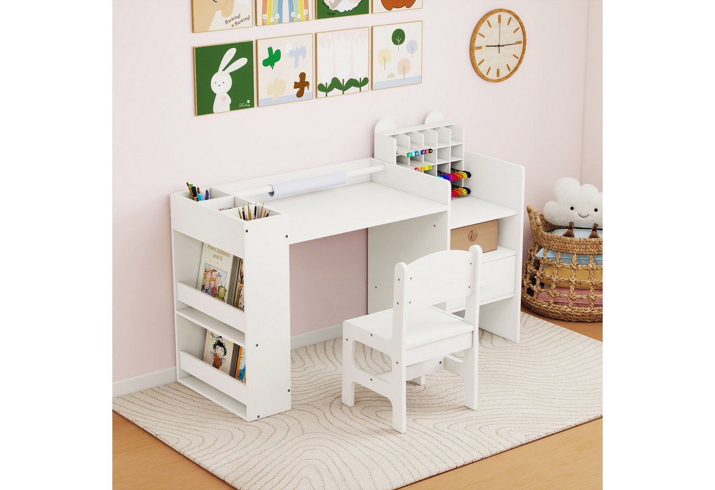 COSTWAY Kinderschreibtisch, Kinder Schreibtisch Set mit abnehmbarem Papierrollenhalter – Bild 2 von 5
