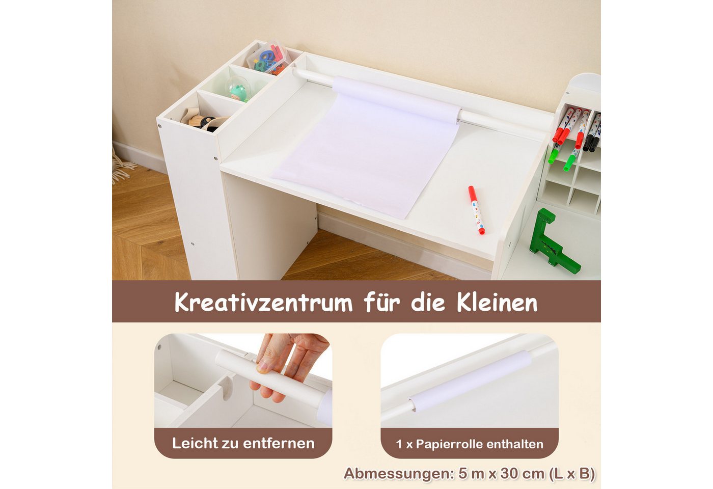 COSTWAY Kinderschreibtisch, Kinder Schreibtisch Set mit abnehmbarem Papierrollenhalter – Bild 3 von 5