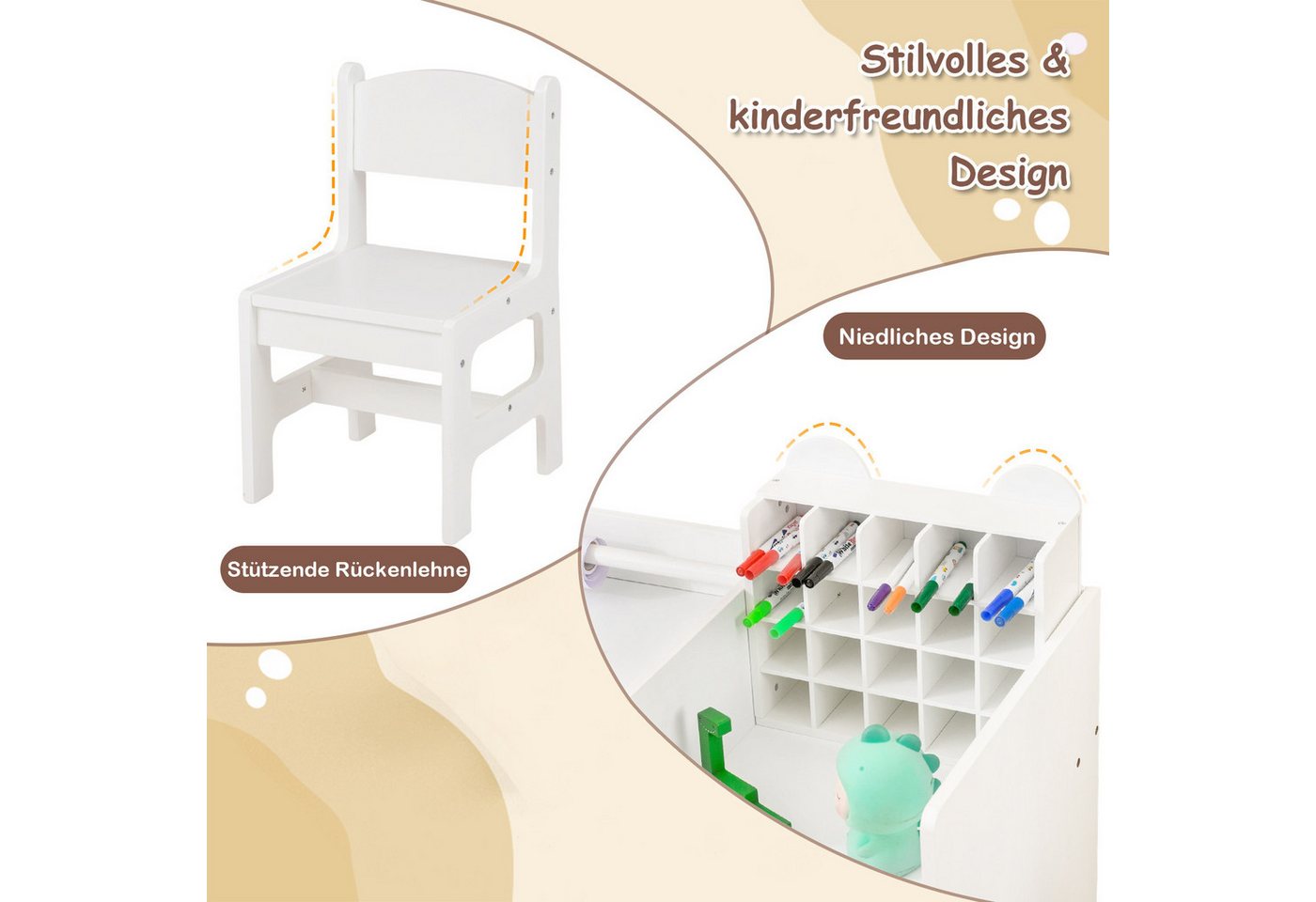 COSTWAY Kinderschreibtisch, Kinder Schreibtisch Set mit abnehmbarem Papierrollenhalter – Bild 4 von 5