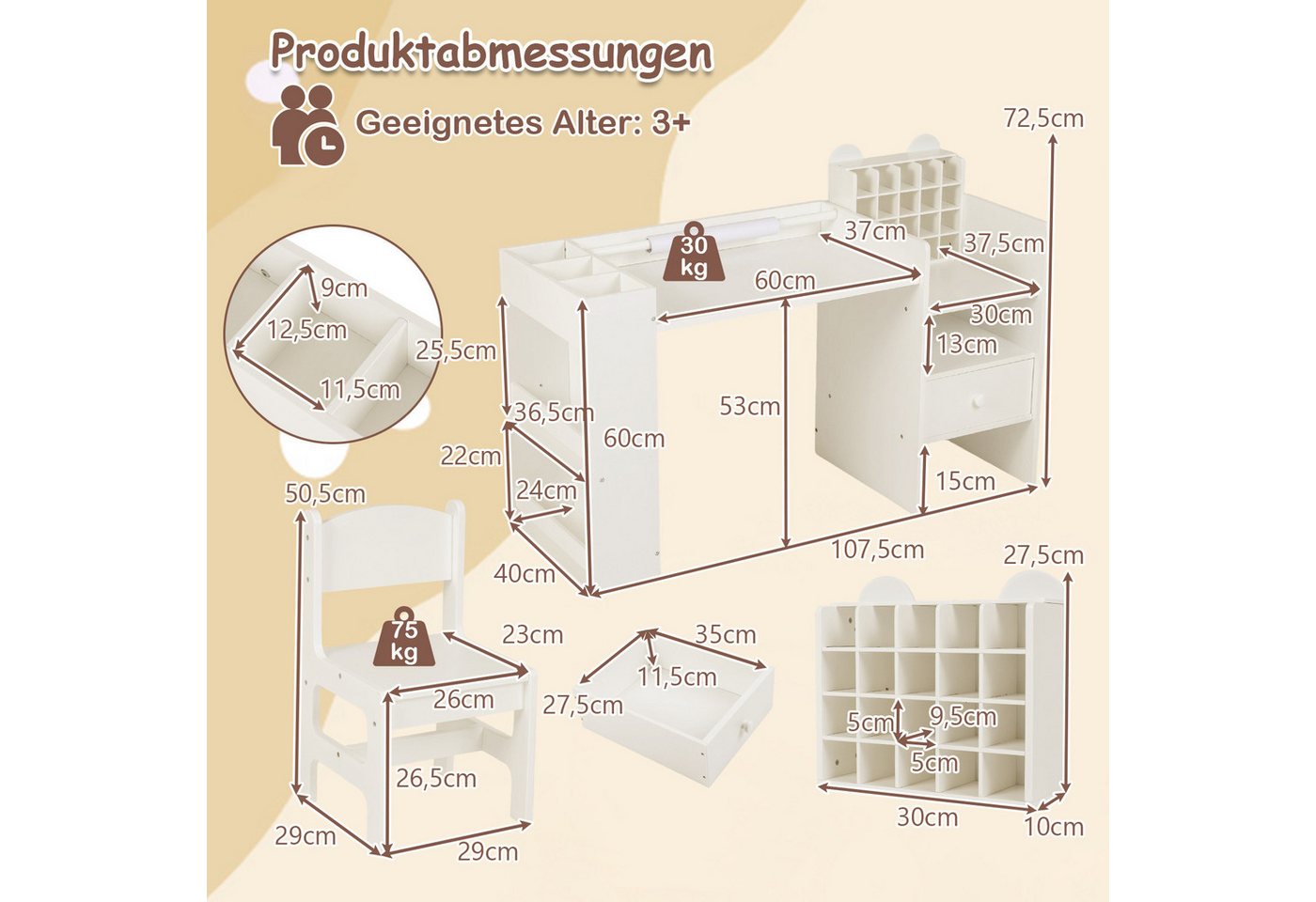 COSTWAY Kinderschreibtisch, Kinder Schreibtisch Set mit abnehmbarem Papierrollenhalter – Bild 5 von 5
