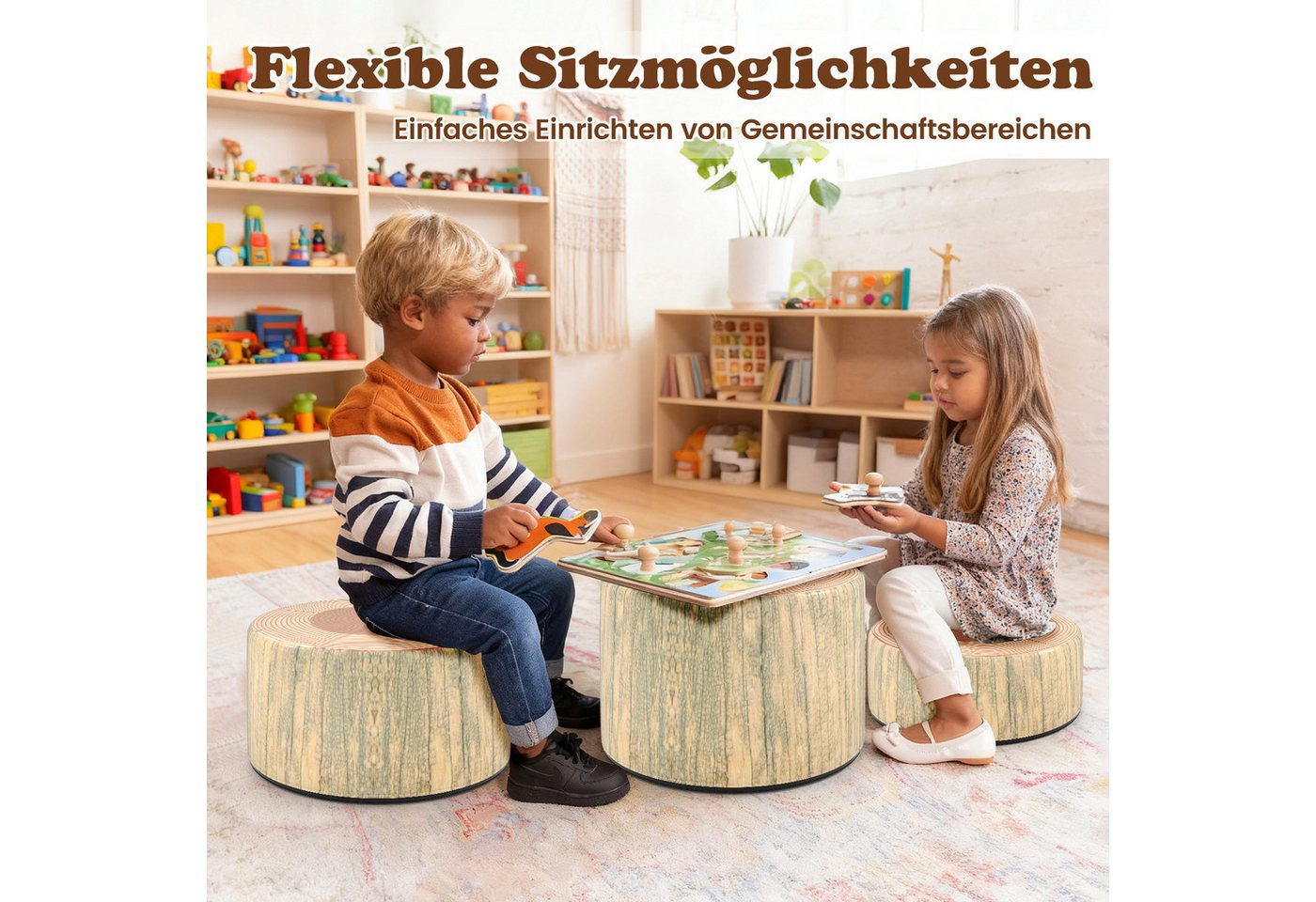 COSTWAY Kindersitzgruppe, (3-tlg), Baumstumpf-Hocker-Set, Kinder Bodenkissen – Bild 3 von 5