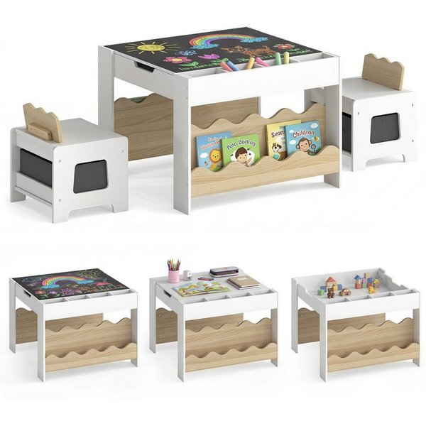 COSTWAY Kindersitzgruppe, (3-tlg), mit 2 Stühlen & wendbarer Tischplatte, Holz