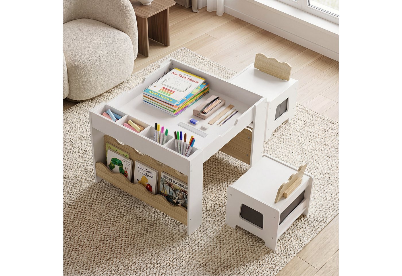 COSTWAY Kindersitzgruppe, (3-tlg), mit 2 Stühlen & wendbarer Tischplatte, Holz – Bild 3 von 4