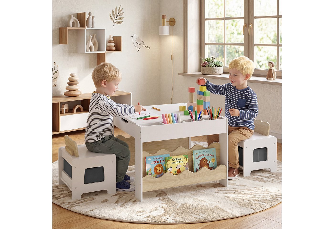 COSTWAY Kindersitzgruppe, (3-tlg), mit 2 Stühlen & wendbarer Tischplatte, Holz – Bild 4 von 4