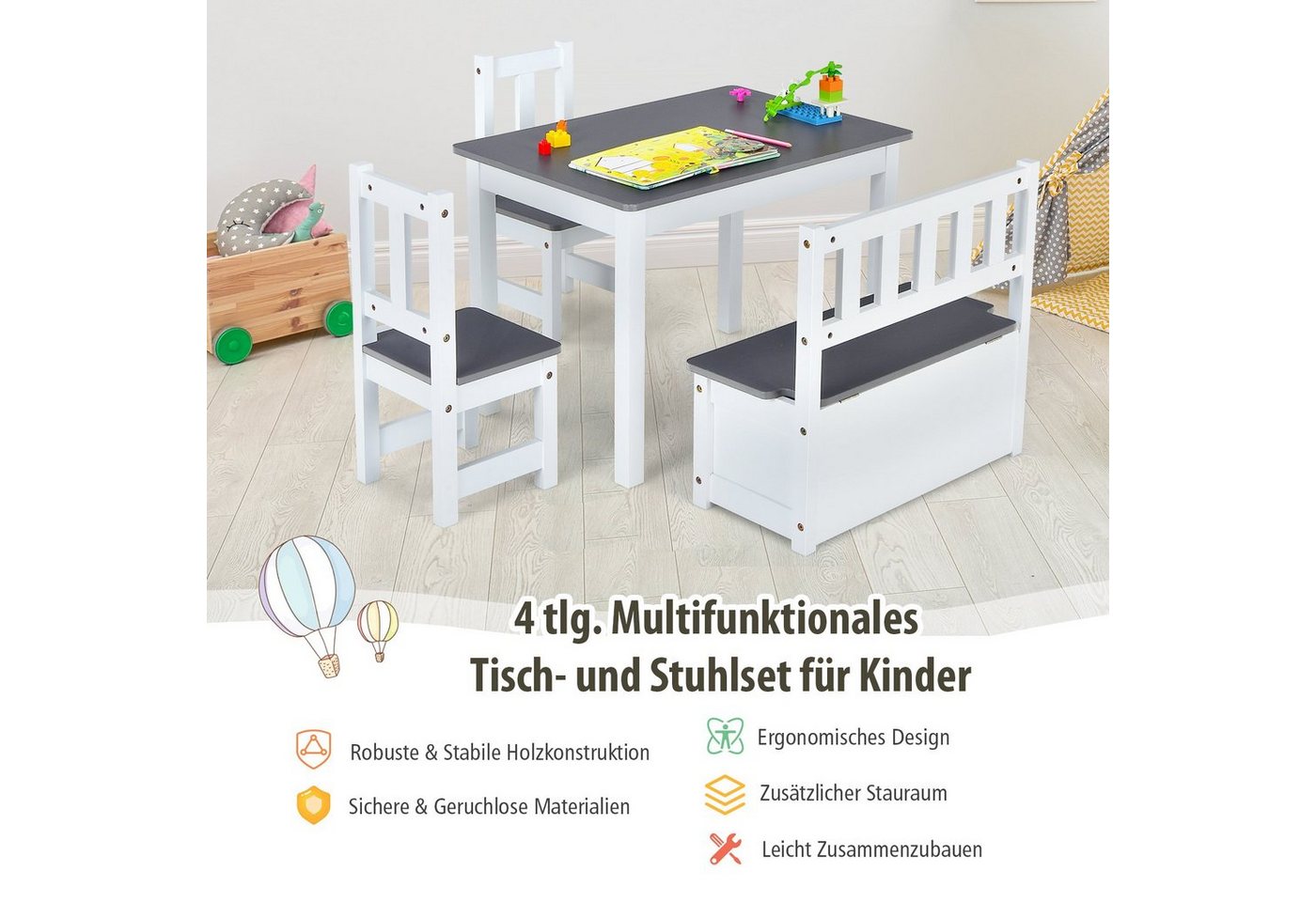 COSTWAY Kindersitzgruppe, Kindertisch mit 2 Stühlen, Sitzbank mit Stauraum – Bild 3 von 5
