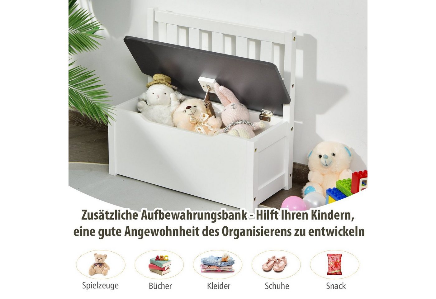 COSTWAY Kindersitzgruppe, Kindertisch mit 2 Stühlen, Sitzbank mit Stauraum – Bild 4 von 5