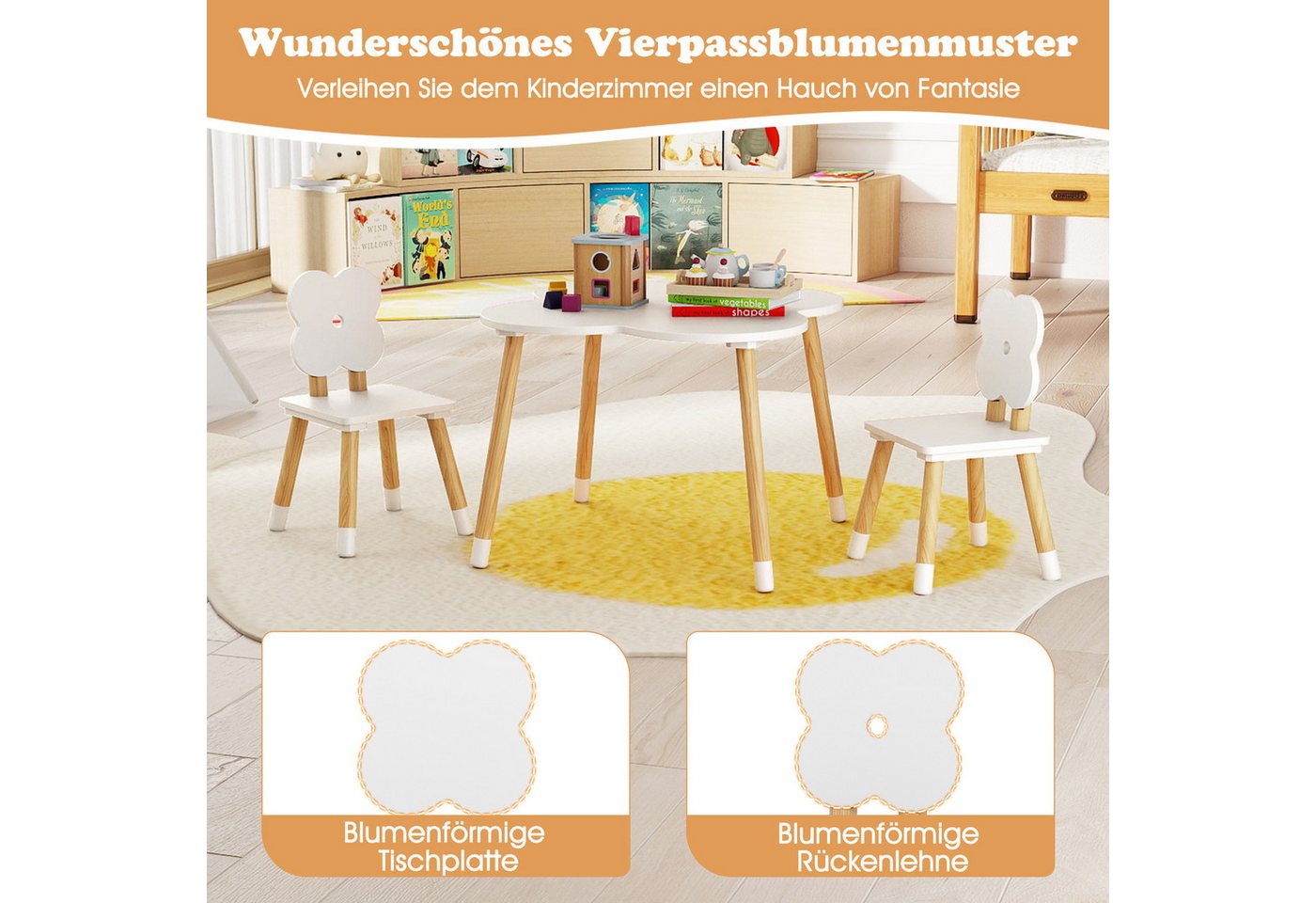 COSTWAY Kindersitzgruppe, (3-tlg), Kindertisch-Set in Blumenform, 2 Stühlen – Bild 2 von 5