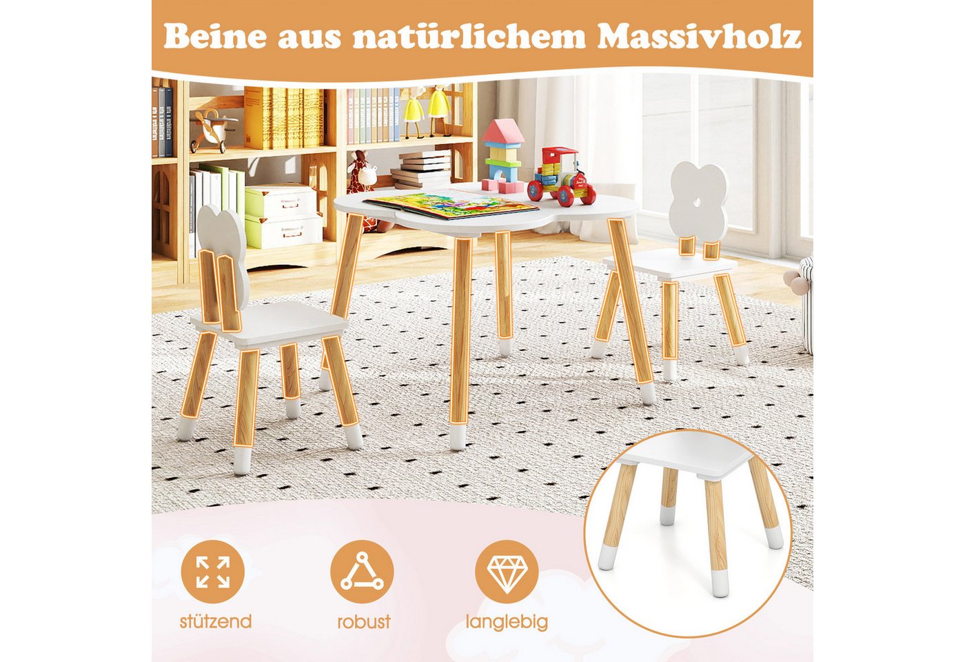 COSTWAY Kindersitzgruppe, (3-tlg), Kindertisch-Set in Blumenform, 2 Stühlen – Bild 3 von 5