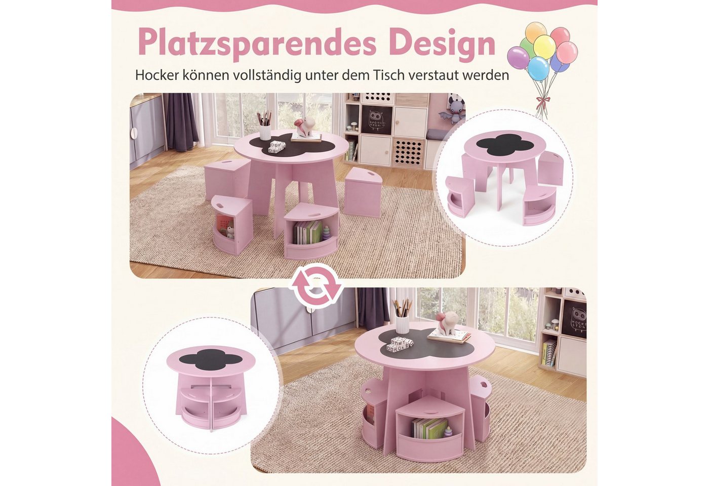 COSTWAY Kindersitzgruppe, (5-tlg., 5 tlg), Kindertisch & 4 Stühle mit Stauraum, platzsparend – Bild 2 von 5