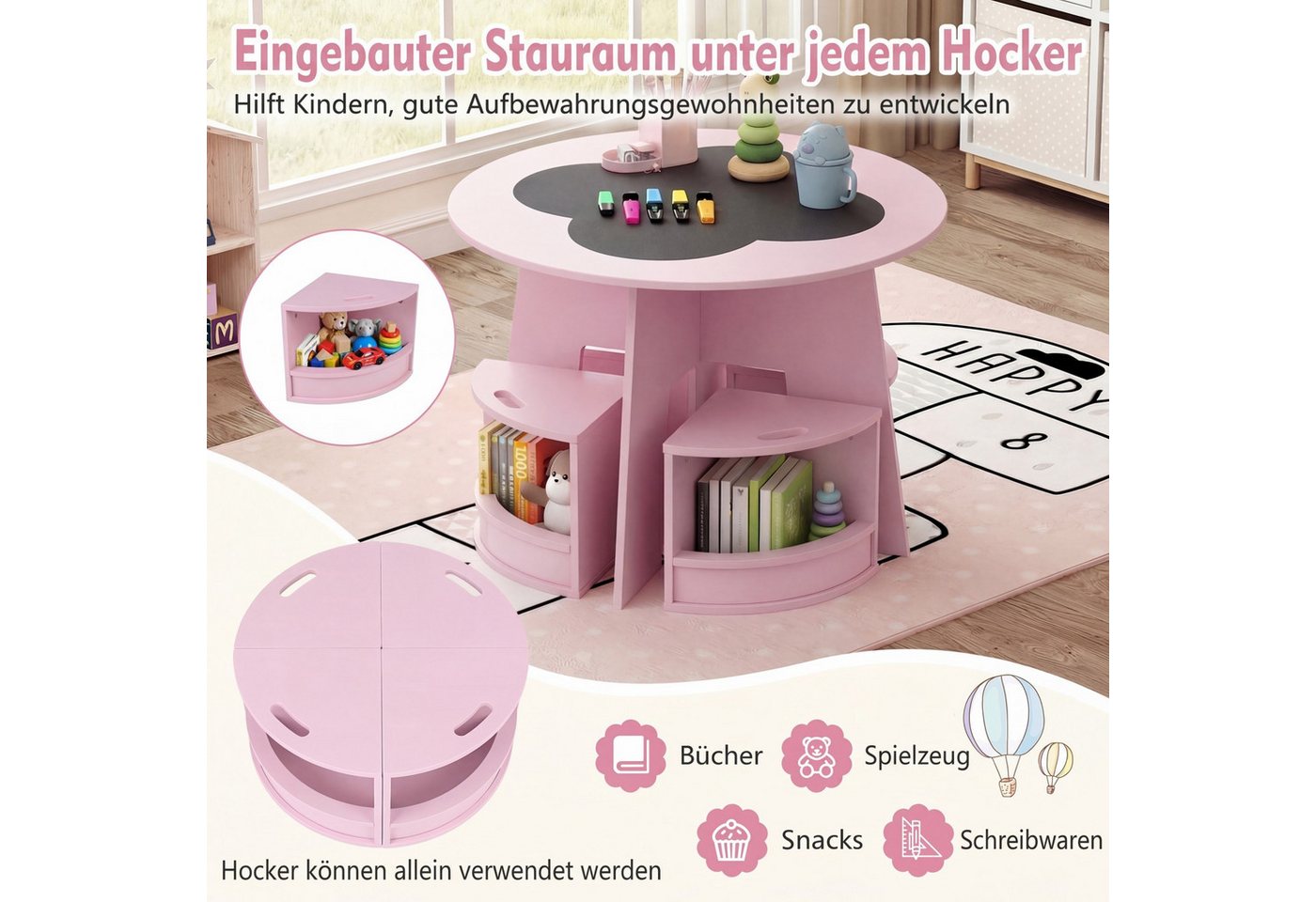 COSTWAY Kindersitzgruppe, (5-tlg., 5 tlg), Kindertisch & 4 Stühle mit Stauraum, platzsparend – Bild 3 von 5