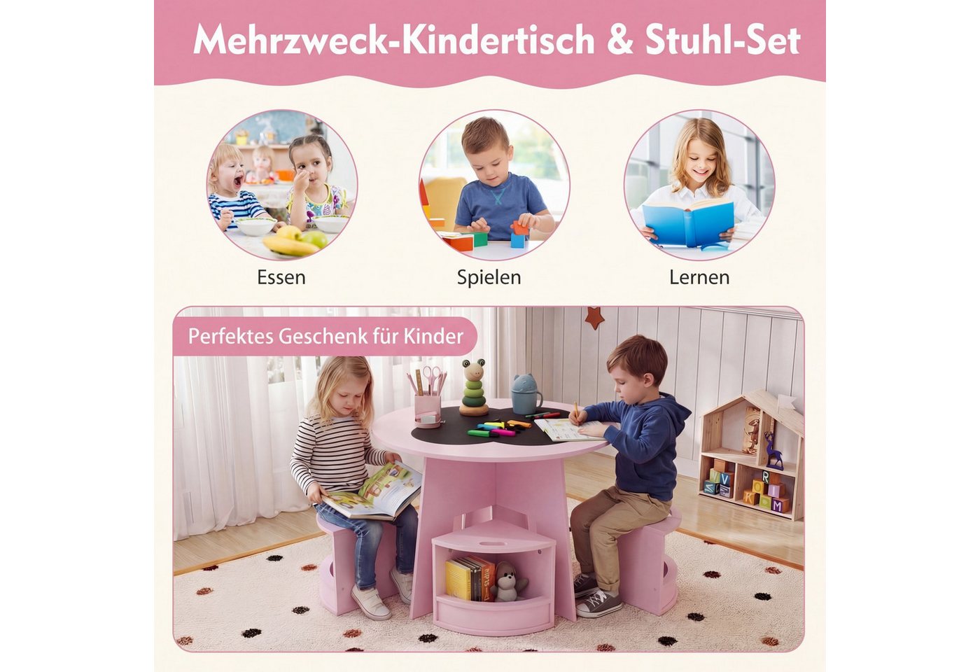 COSTWAY Kindersitzgruppe, (5-tlg., 5 tlg), Kindertisch & 4 Stühle mit Stauraum, platzsparend – Bild 4 von 5
