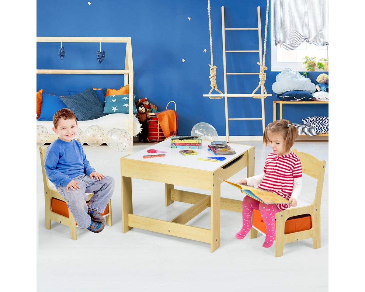 COSTWAY Kindersitzgruppe, 3tlg. Kindertisch mit 2 Stühlen, Stauraum & Tafel – Bild 2 von 5