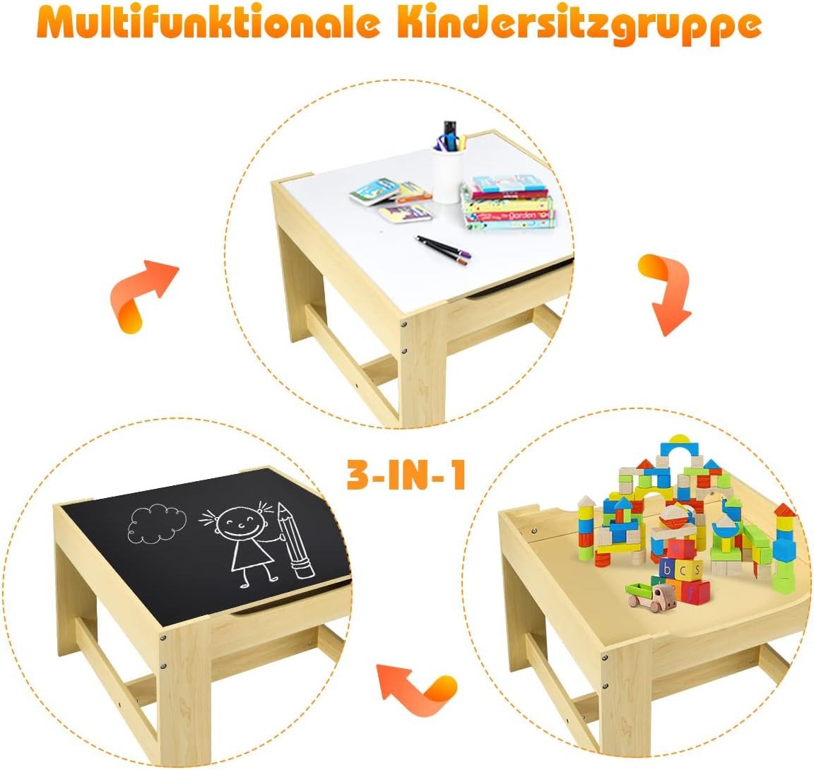 COSTWAY Kindersitzgruppe, 3tlg. Kindertisch mit 2 Stühlen, Stauraum & Tafel – Bild 3 von 5